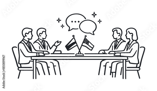 Line art illustration of diplomats negotiating at a conference table with national flags, dialogue bubbles, and collaborative international meeting