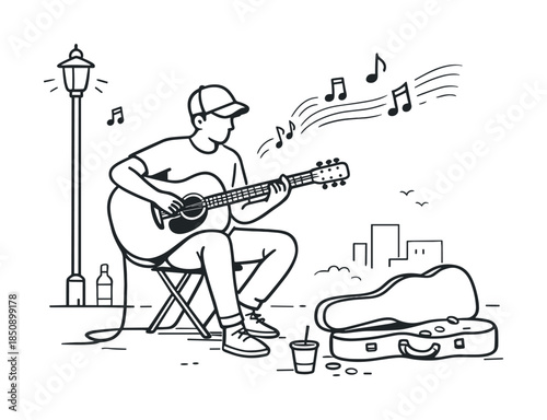 Line art illustration of a street musician playing acoustic guitar outdoors beside a lamppost, with an open guitar case for tips and music notes