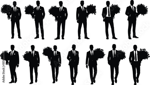 Confident businessman silhouette set, holding floral bouquets, romantic proposal and wedding inspiration, modern formal suit poses, black vector illustration
