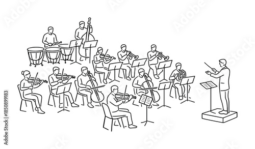 Line art illustration of a conductor leading a seated orchestra ensemble with strings, brass, percussion, and music stands during rehearsal