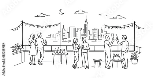 Rooftop party at night with friends socializing, drinking and chatting under string lights, with a modern city skyline backdrop in line art