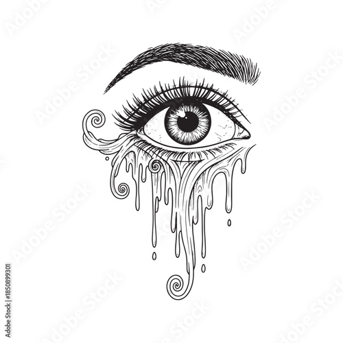 Surreal Hand Drawn Illustration of a Melting Human Eye with Wavy Smoke Lines and Dripping Liquid Concept
