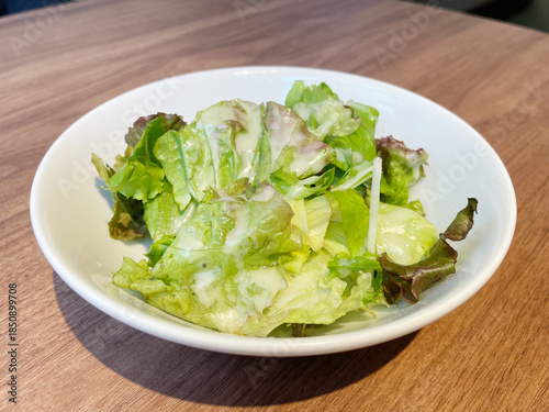 ドレッシングがかかったグリーンサラダ