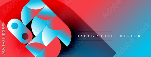 Abstract geometric shapes blend vibrant red, blue hues. Gradient background creates dynamic visual effect. Text reads background design.