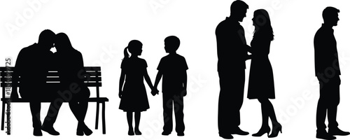 Family and couple silhouette scenes, love relationship stages from childhood to adulthood, emotional lifestyle moments, black vector illustration