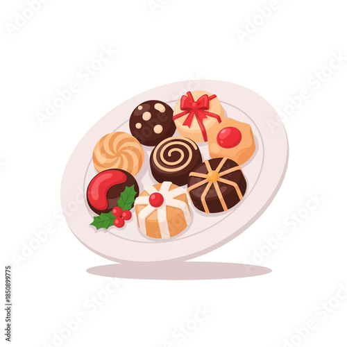 Vector icons Assortment of Delicious Christmas Cookies on a White Plate. EPS Editable
