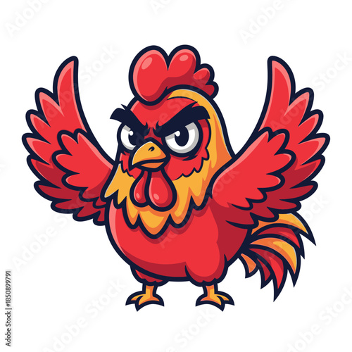 Vector icons Angry Red Rooster Cartoon Illustration with Spread Wings. EPS Editable