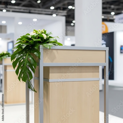 Minimalist trade show booth with exotic flora and neutral aesthetic palette