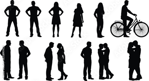People silhouette collection, standing walking cycling and couples interaction, everyday lifestyle activities, modern men women poses, black vector illustration