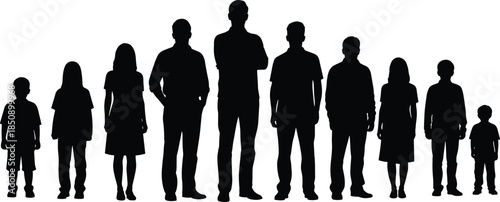 People silhouette collection showing different ages, children adults family lineup, growth and life stages concept, black vector illustration