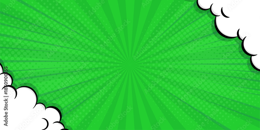 Fototapeta premium Abstract green comic background. Art pop cartoon backdrop. Halftone effect pattern. Fun anime texture. Starburst manga style bg. Mark popart radial gradient. Spiral, comic rays
