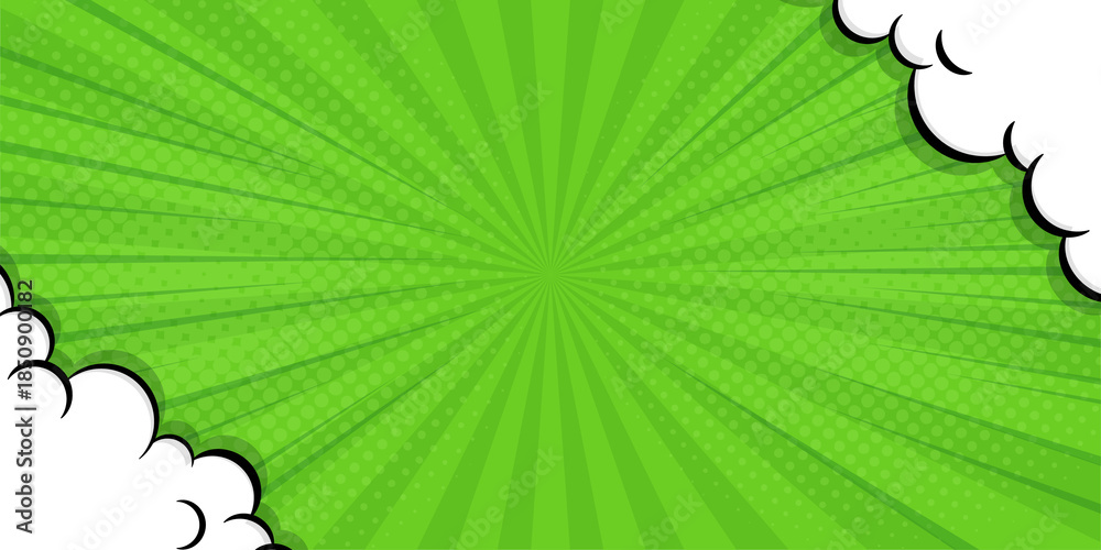 Fototapeta premium Abstract green comic background. Art pop cartoon backdrop. Halftone effect pattern. Fun anime texture. Starburst manga style bg. Mark popart radial gradient. Spiral, comic rays