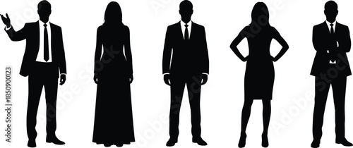 Professional business people silhouettes, confident corporate men and women poses, leadership teamwork concept, formal office style, black vector illustration
