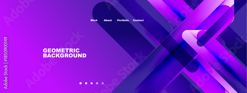 Abstract geometric background. Purple, blue gradients dominate design. Navigation menu present, text reads work, about, portfolio, contact.