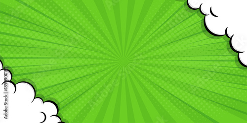 Abstract green comic background. Art pop cartoon backdrop. Halftone effect pattern. Fun anime texture. Starburst manga style bg. Mark popart radial gradient. Spiral, comic rays