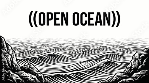 open ocean with endless water lines fading into the distance, emphasizing scale, isolation, and depth through minimalist artistic strokes