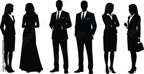 Professional business people silhouettes, corporate team communication poses, confident office men women interaction, leadership concept, black vector illustration