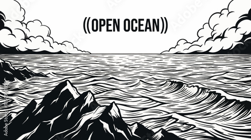 open ocean with endless water lines fading into the distance, emphasizing scale, isolation, and depth through minimalist artistic strokes