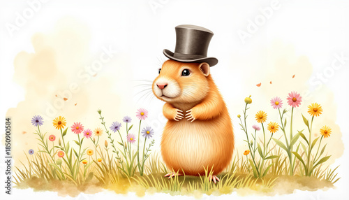 Cartoon groundhog wearing a top hat in a colorful flower meadow for Groundhog Day celebration 