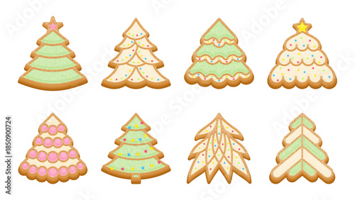 Christmas Tree Gingerbread Cookies Set with Colorful Icing, Sprinkles and Sugar Glaze. Festive Holiday Bakery Illustrations for Christmas Cards, Packaging Decorations. Vector Illustration