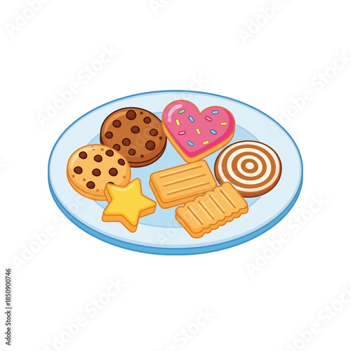Vector icons Colorful assortment of various cookies on a blue plate vector illustration. EPS Editable