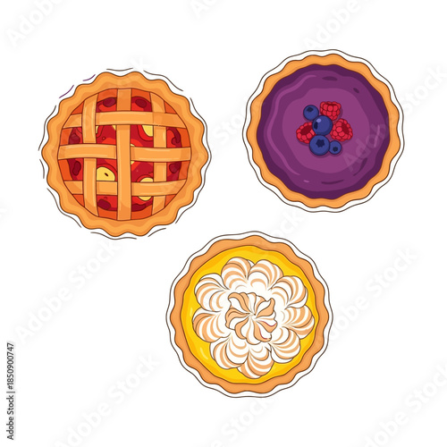 Vector icons Collection of classic American pies apple berry and lemon meringue isolated. EPS Editable