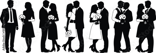 Romantic couple silhouette set, love relationship stages, wedding romance, engagement moments, elegant man woman illustration, black vector design