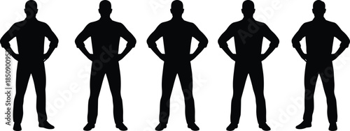 Strong male silhouette lineup, hands on hips confident stance, leadership power concept, masculine standing poses, black vector illustration