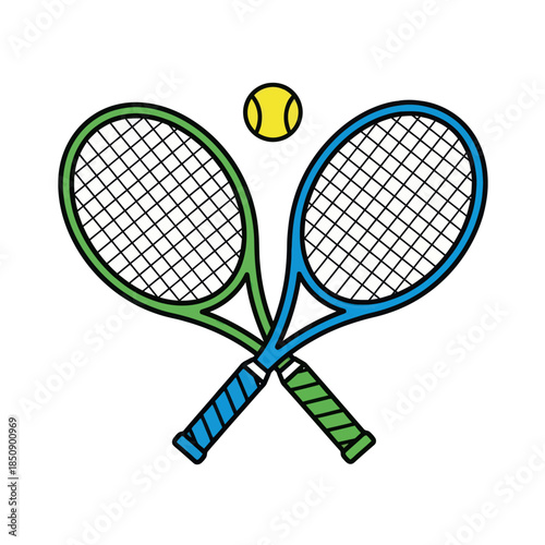 Crossed Tennis Rackets with Ball Illustration for Sports Theme.