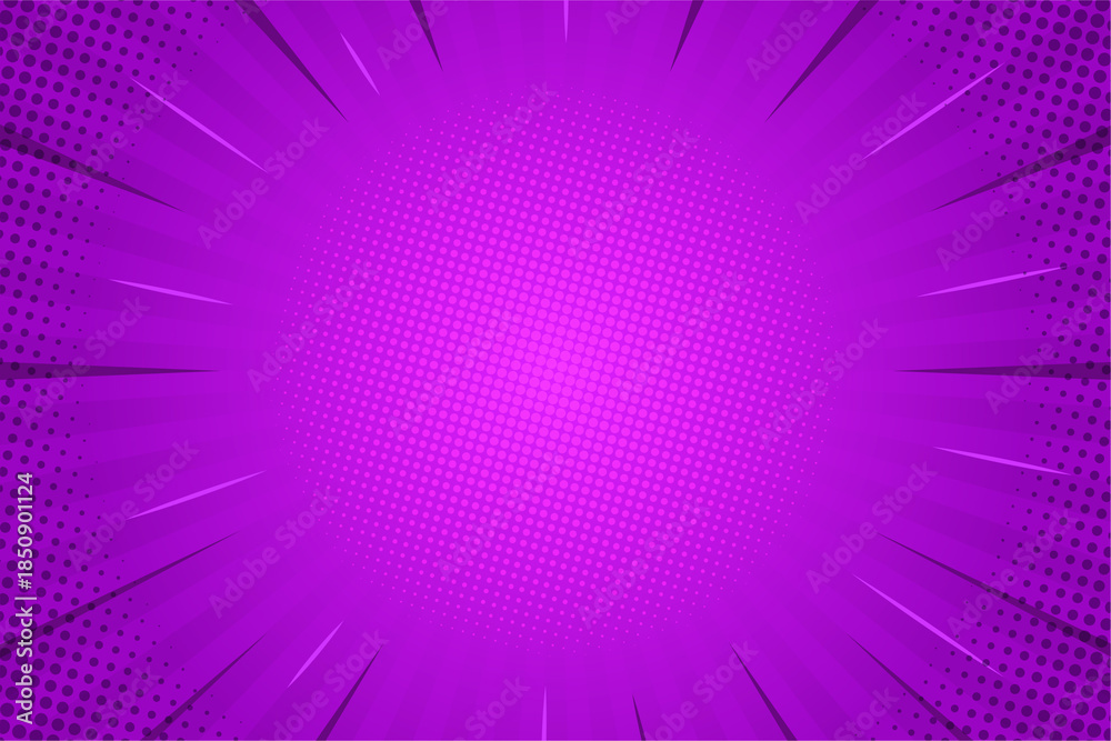 Fototapeta premium Abstract dark purple comic background. Art pop cartoon backdrop. Halftone effect pattern. Fun anime texture. Starburst manga. Mark popart radial gradient. Spiral, swirl, comic rays