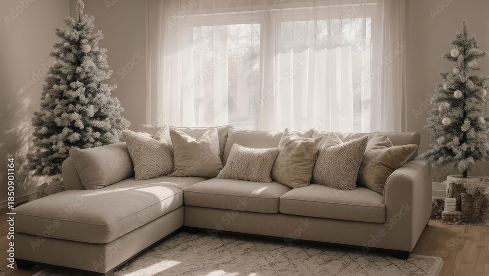 Fototapeta premium Cozy Living Room with Flocked Christmas Trees and Sectional Sofa.