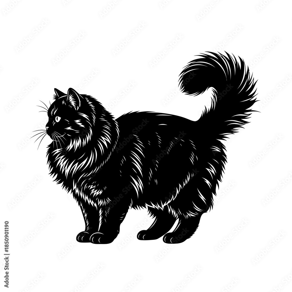 Obraz premium Elegant Black Cat with Fluffy Tail in Detailed Vector Illustration.