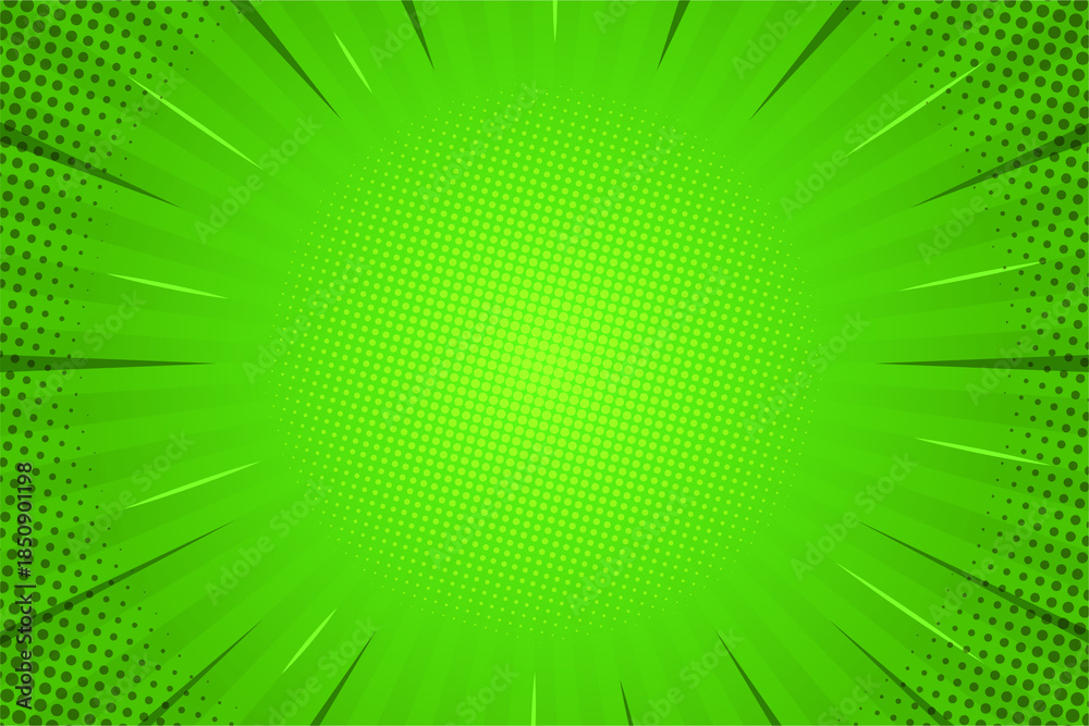 Fototapeta premium Abstract green comic background. Art pop cartoon backdrop. Halftone effect pattern. Fun anime texture. Starburst manga style bg. Mark popart radial gradient. Spiral, comic rays
