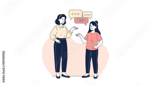 illustration of two women engaging in a conversation during a Q&A session with speech bubbles