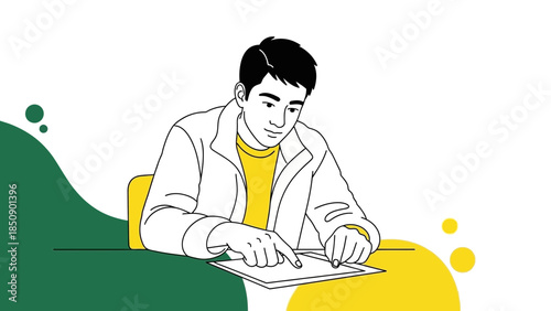 Illustration of a young man studying with a tablet and focused expression