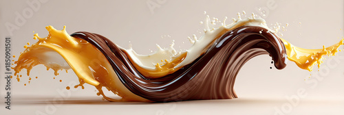 Thick chocolate wave splash beside golden caramel splash with dynamic motion