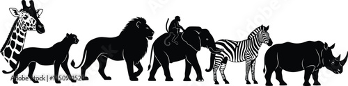 African wildlife animals silhouette illustration featuring giraffe lion elephant zebra rhinoceros monkey safari nature conservation concept