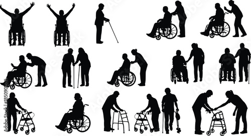 Disabled and elderly people silhouettes with caregivers illustration, wheelchair walker support assistance healthcare compassion concept set