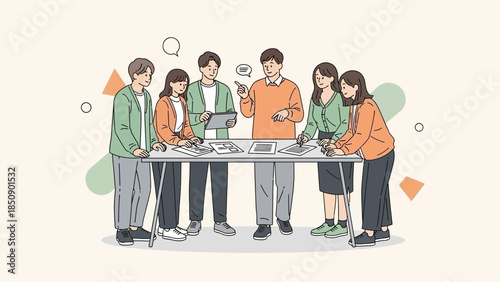 group of young professionals collaborating around a table during a team meeting in a modern