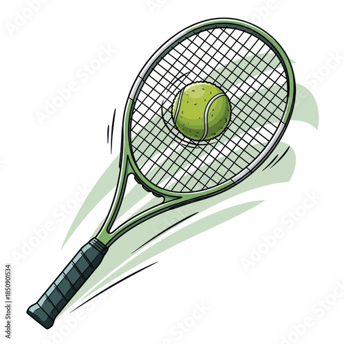 Illustration of a tennis racket with a tennis ball on the strings.