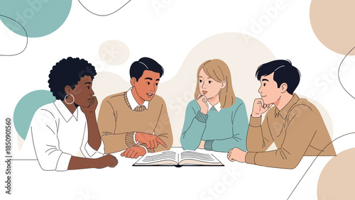 Diverse group of students engaged in discussion around an open book during a study session