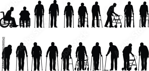 Elderly and disabled people silhouettes set illustration showing aging mobility aids walkers wheelchairs senior healthcare concept