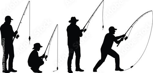 Fishing men silhouettes illustration showing anglers with rods in different poses outdoor sport hobby activity concept