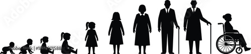 Human life stages silhouette illustration from baby to elderly wheelchair aging growth lifecycle healthcare concept