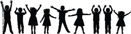Happy children silhouettes standing with raised hands illustration, joyful kids celebration unity childhood fun freedom concept