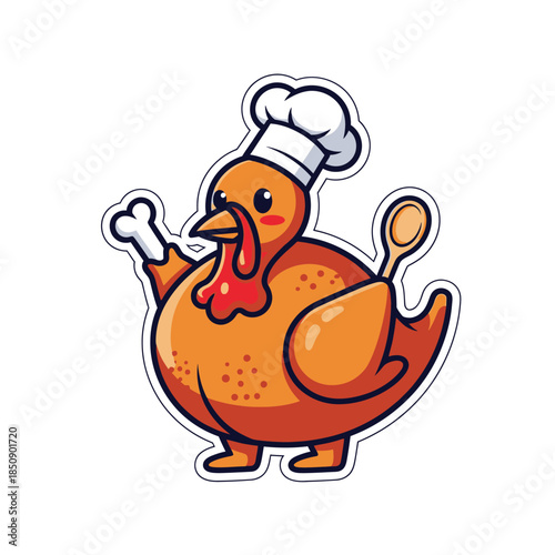 Vector icons Cute Cartoon Chef Chicken Holding Bone and Spoon. EPS Editable