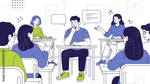 group discussion or meeting with multiple participants engaged in conversation