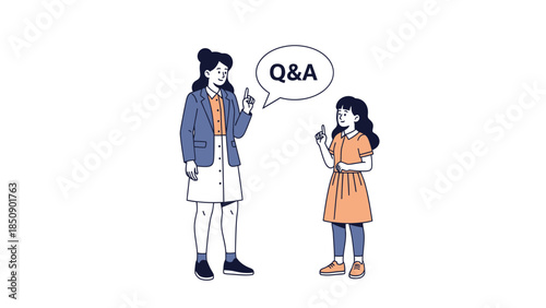 Interactive educational scene depicting a woman and a girl engaging in a Q&A session with speech