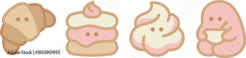 Cute Bakery and Pastry Mascot Vector Set. Kawaii Croissant, Cake, and Meringue Characters.