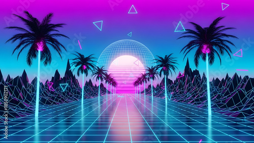 Vaporwave Palm Trees and Neon Lights Aesthetic Landscape.